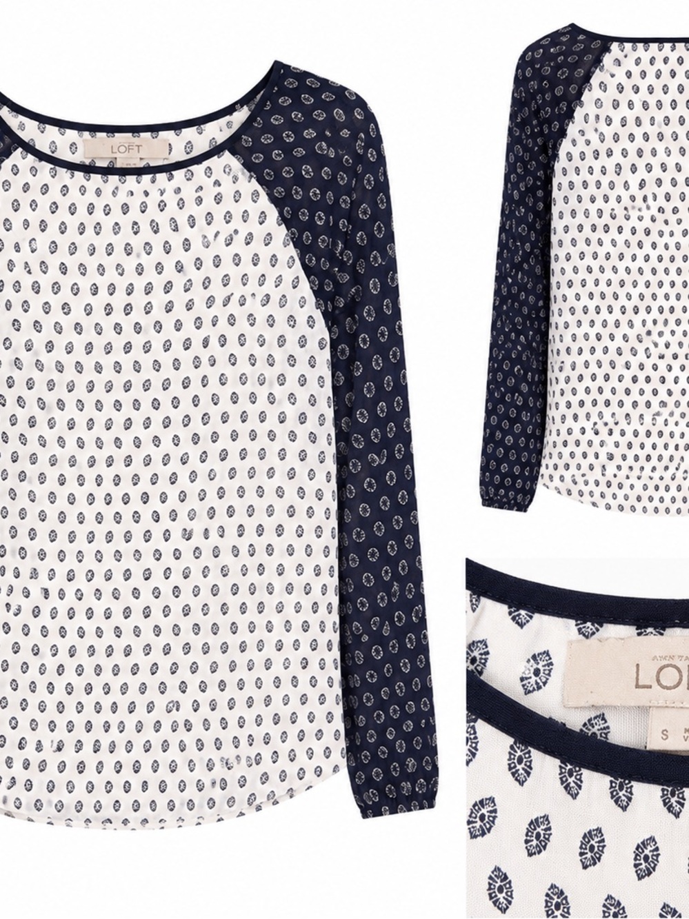LOFT Navy & White Print Long Sleeve Top Size Small
